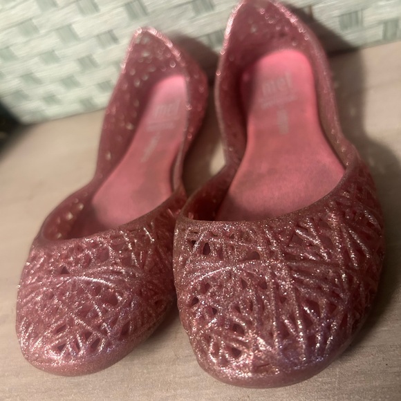 Mini Melissa Mel Campana pink silver glitter slip on flat shoes Sz 11 - Picture 1 of 3
